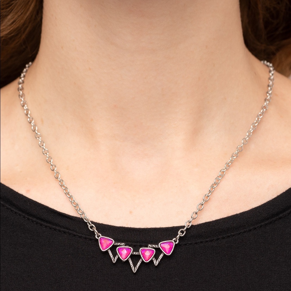 NEW Boutique Barbie Pink Moonstone Triangle Silver Chain Necklace & Earrings